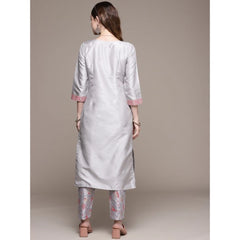 Casual 3-4Th Sleeve Geometric Poly Silk Kurti and Pant Set (Light Grey)