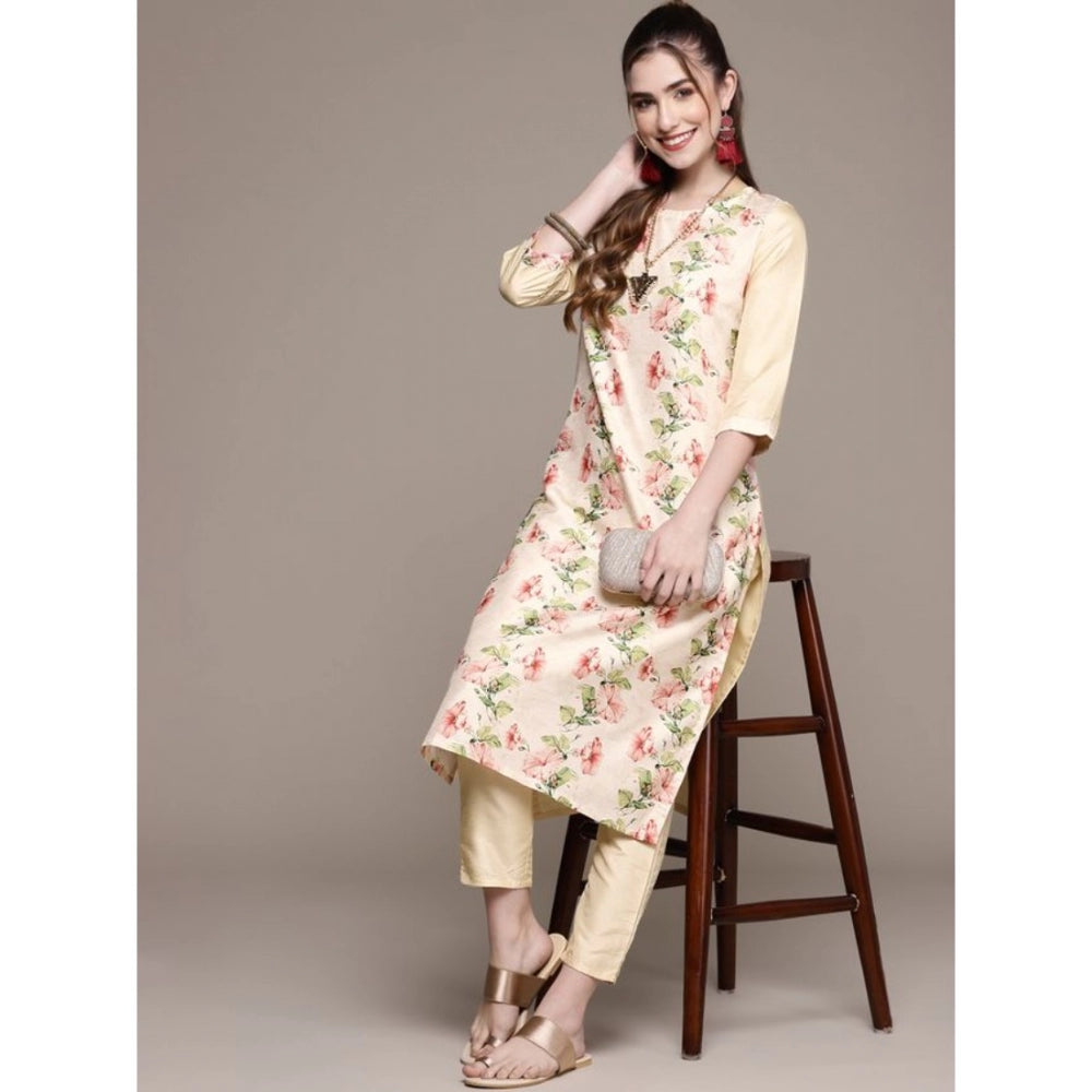 Casual 3-4Th Sleeve Floral Printed Poly Silk Kurti and Pant Set (Cream)