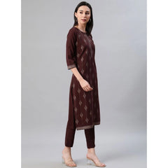 Casual 3-4Th Sleeve Ethnic Motifs Rayon Kurti And Pant Set (Brown)