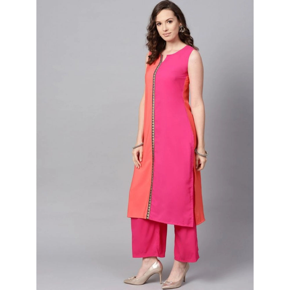 Casual Sleeveless Floral Printed Crepe Kurti and Palazzo Set (Pink)