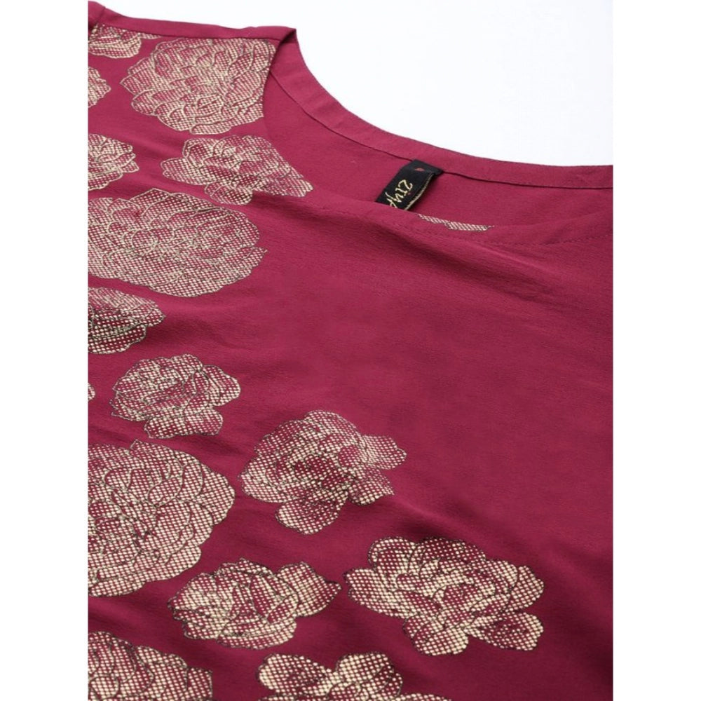 Casual 3-4Th Sleeve Floral Printed Crepe Kurti And Palazzo Set (Dark Pink)