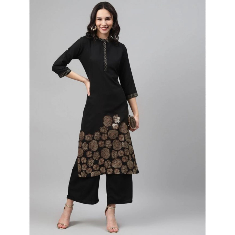 Casual 3-4Th Sleeve Ethnic Motifs Crepe Kurti And Palazzo Set (Black)