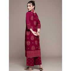 Casual 3-4Th Sleeve Floral /Ethnic Motifs Crepe Kurti And Palazzo Set (Dark Pink)