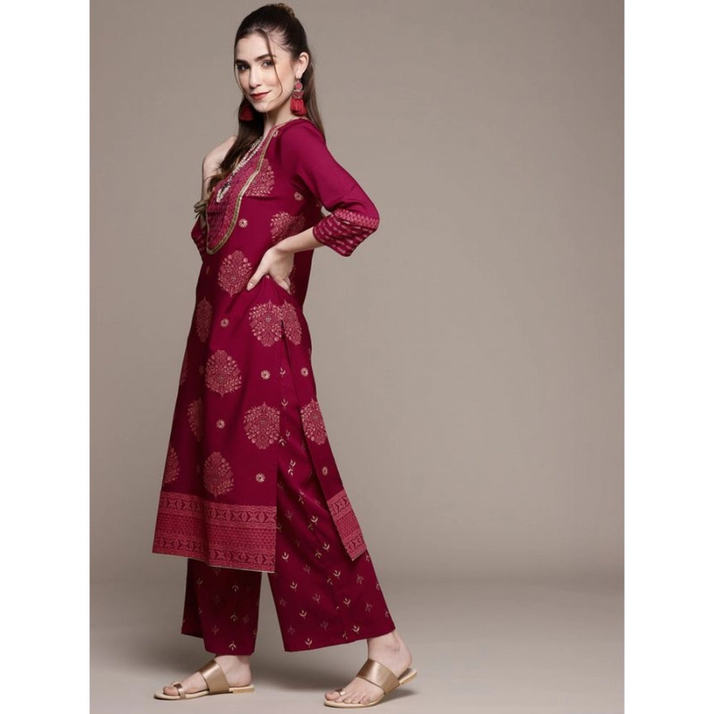 Casual 3-4Th Sleeve Floral /Ethnic Motifs Crepe Kurti And Palazzo Set (Dark Pink)