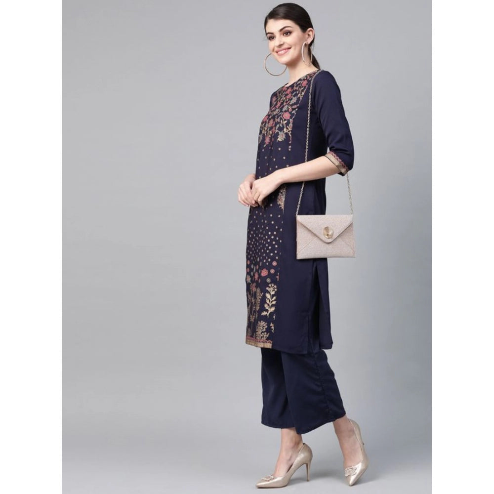 Casual 3-4Th Sleeve Floral Printed Crepe Kurti And Palazzo Set (Navy Blue)