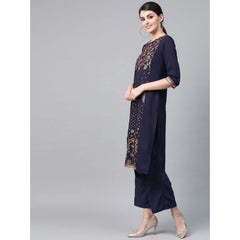 Casual 3-4Th Sleeve Floral Printed Crepe Kurti And Palazzo Set (Navy Blue)