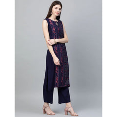 Casual Sleeveless Ikkat Rayon Kurti and Palazzo Set (Navy Blue)