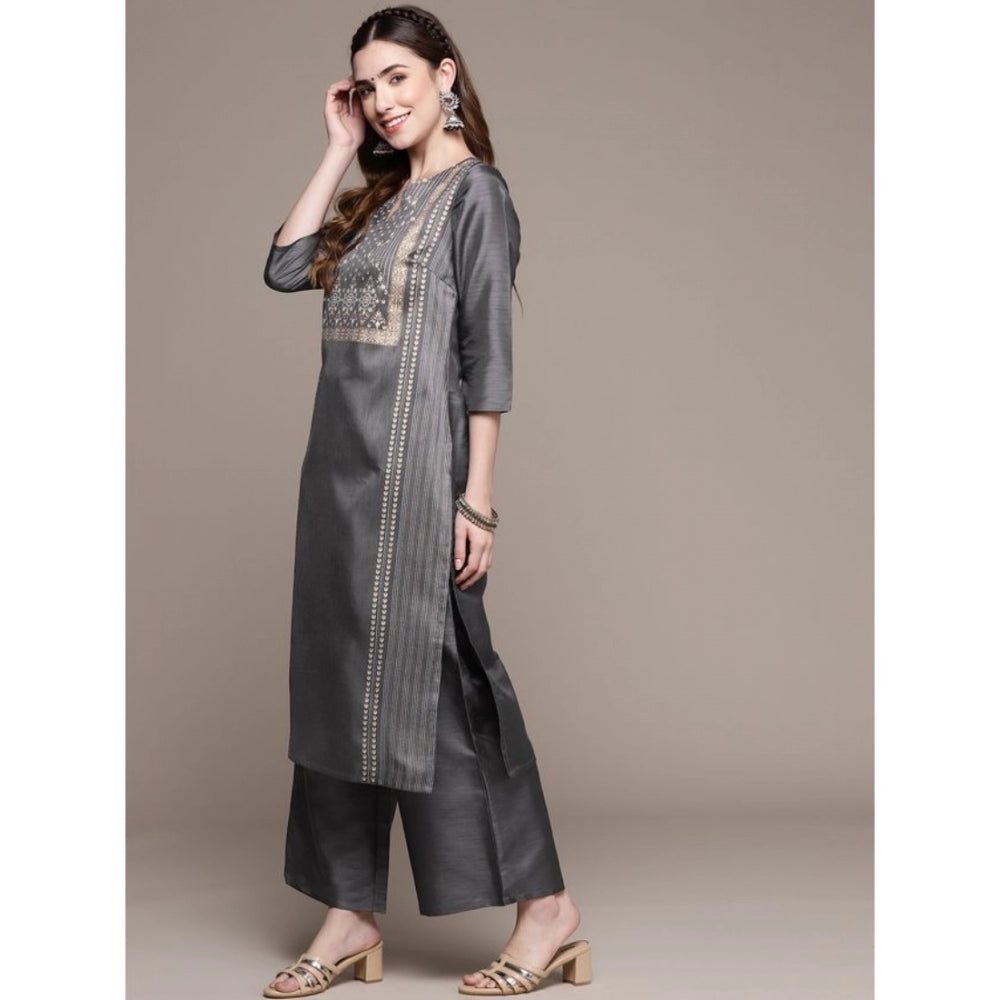 Casual 3-4Th Sleeve Ethnic Motifs Poly Silk Kurti And Palazzo Set (Dark Grey)