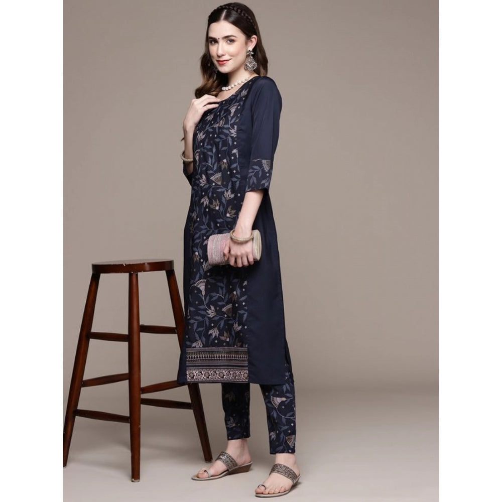 Casual 3-4Th Sleeve Floral Printed Crepe Kurti and Pant Set (Navy Blue)