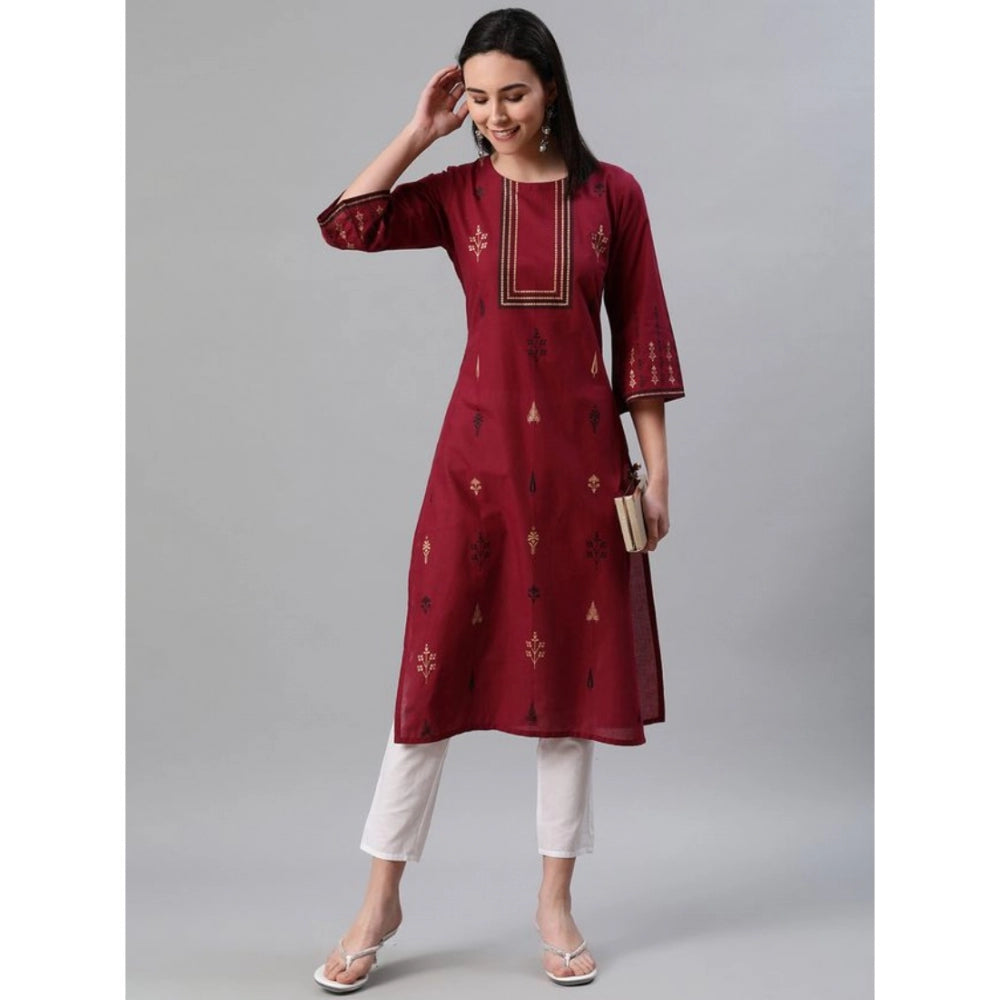 Casual 3-4Th Sleeve Ethnic Motifs Rayon Kurti And Pant Set (Red)