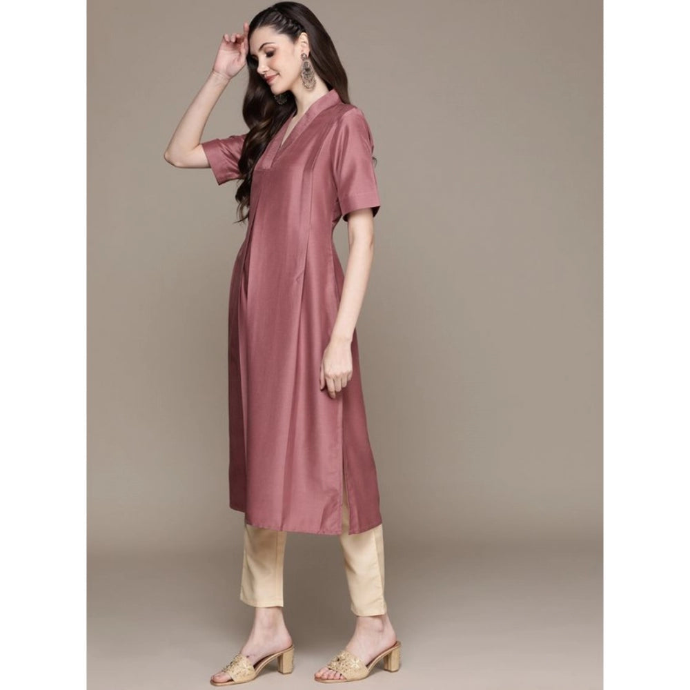 Casual Half Sleeve Solid Chinon Kurti And Pant Set (Brown)