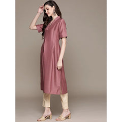 Casual Half Sleeve Solid Chinon Kurti And Pant Set (Brown)