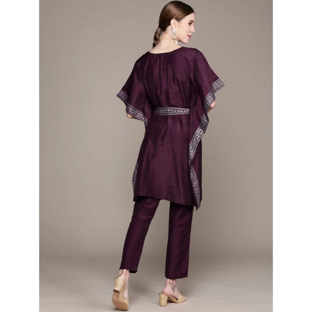 Casual 3-4Th Sleeve Floral Printed Chinon Kurti And Pant Set (Wine)