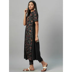 Casual 3-4Th Sleeve Floral Printed Crepe Kurti and Pant Set (Black)