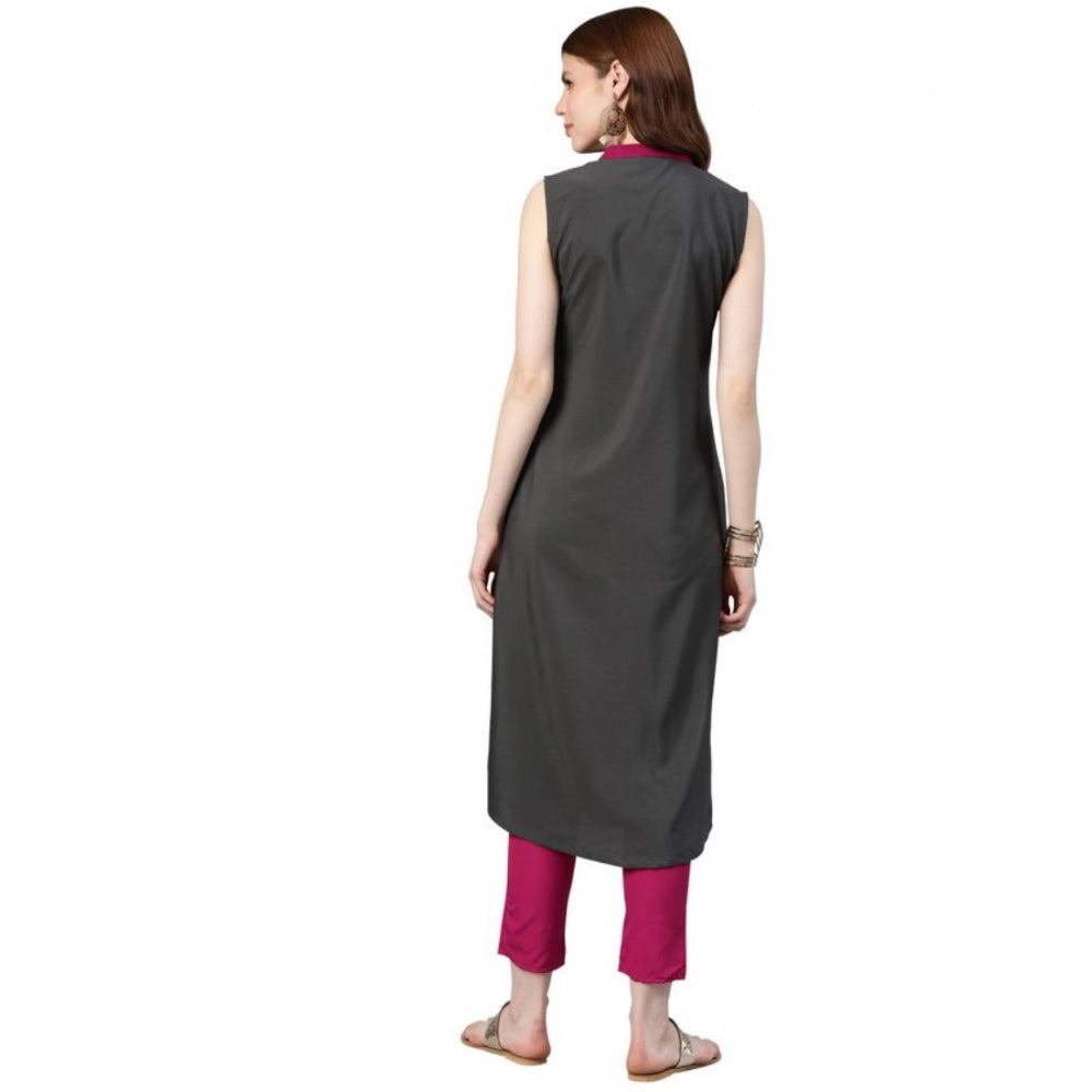 Casual sleeveless Solid Crepe Kurti And Pant Set (Pink)