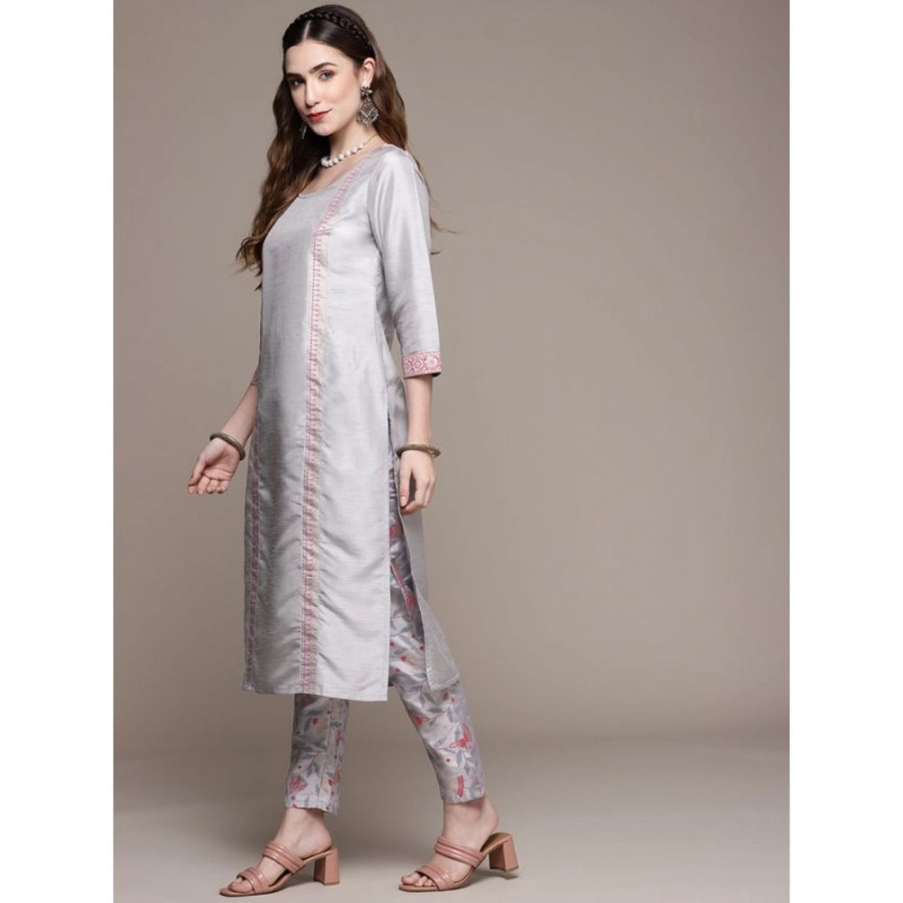 Casual 3-4Th Sleeve Geometric Poly Silk Kurti and Pant Set (Light Grey)