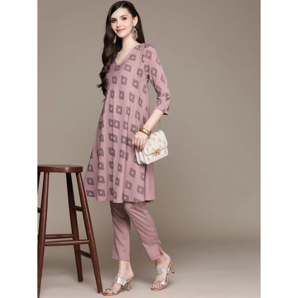 Casual 3-4Th Sleeve Ikkat Crepe Kurti And Pant Set (Brown)