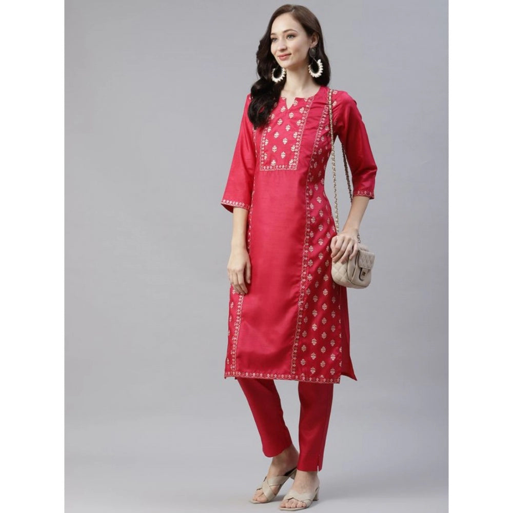 Casual 3-4Th Sleeve Floral Printed Poly Silk Kurti And Pant Set (Pink)