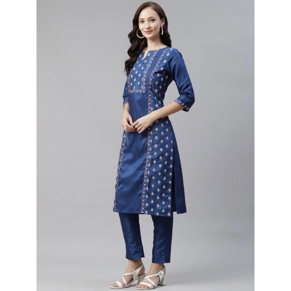 Casual 3-4Th Sleeve Floral Printed Poly Silk Kurti And Pant Set (Blue)