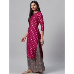 Casual 3-4Th Sleeve Floral Printed Poly Silk Kurti And Palazzo Set (Pink)