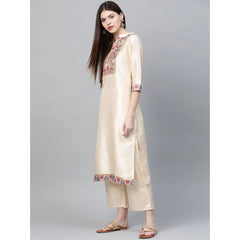 Casual 3-4Th Sleeve Ethnic Motifs Poly Silk Kurti and Palazzo Set (Cream)