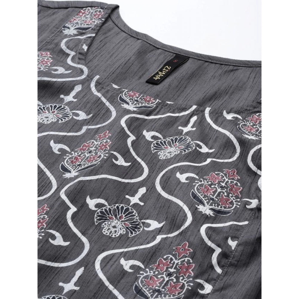 Casual Sleeveless Floral Printed Poly Silk Kurti and Palazzo Set (Dark Grey)