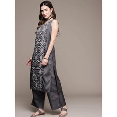 Casual Sleeveless Floral Printed Poly Silk Kurti and Palazzo Set (Dark Grey)