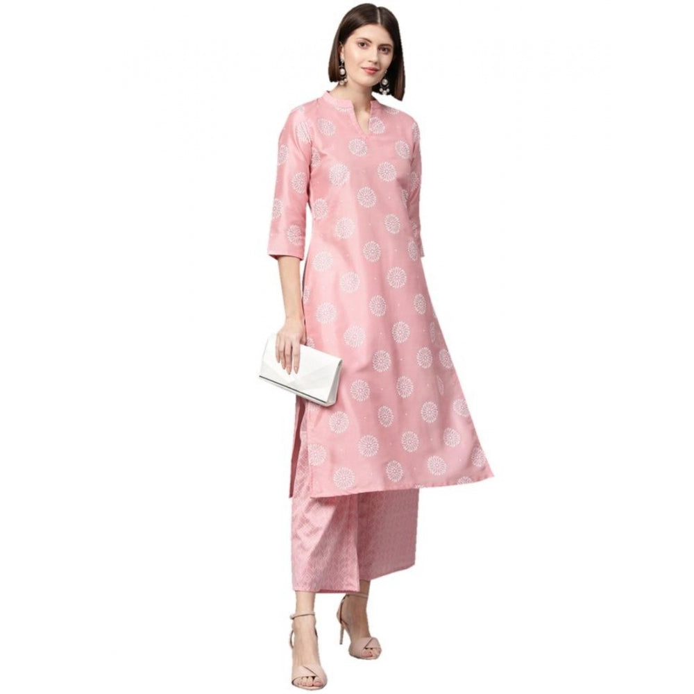 Casual 3-4Th Sleeve Floral Printed Poly Silk Kurti And Palazzo Set (Pink)