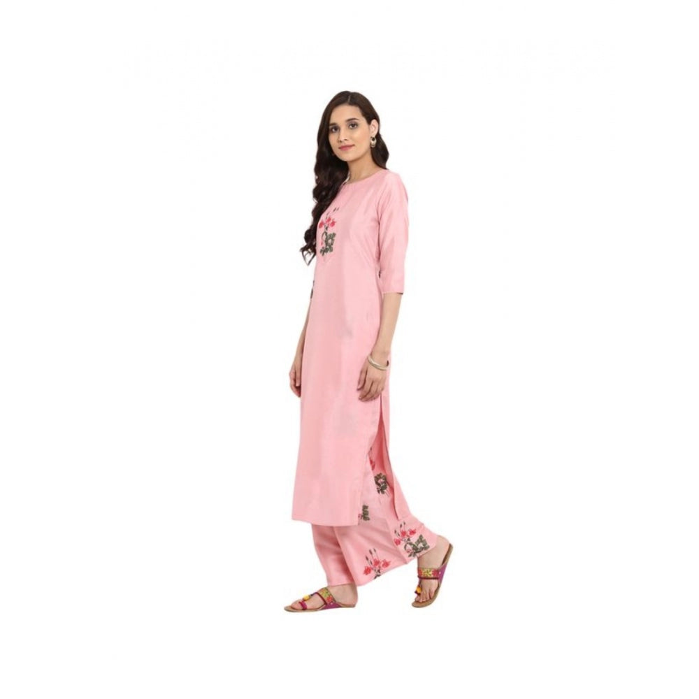 Casual 3-4Th Sleeve Floral Printed Poly Silk Kurti and Palazzo Set (Pink)