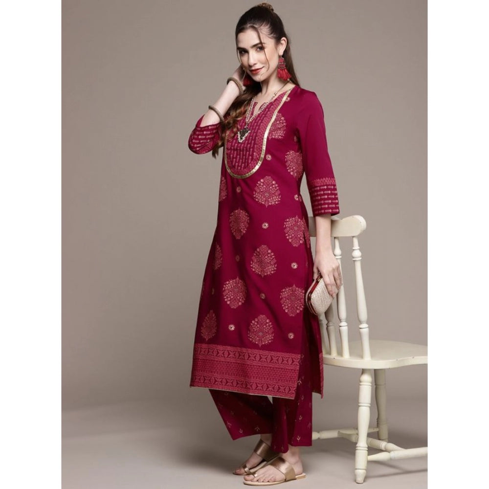 Casual 3-4Th Sleeve Floral /Ethnic Motifs Crepe Kurti And Palazzo Set (Dark Pink)