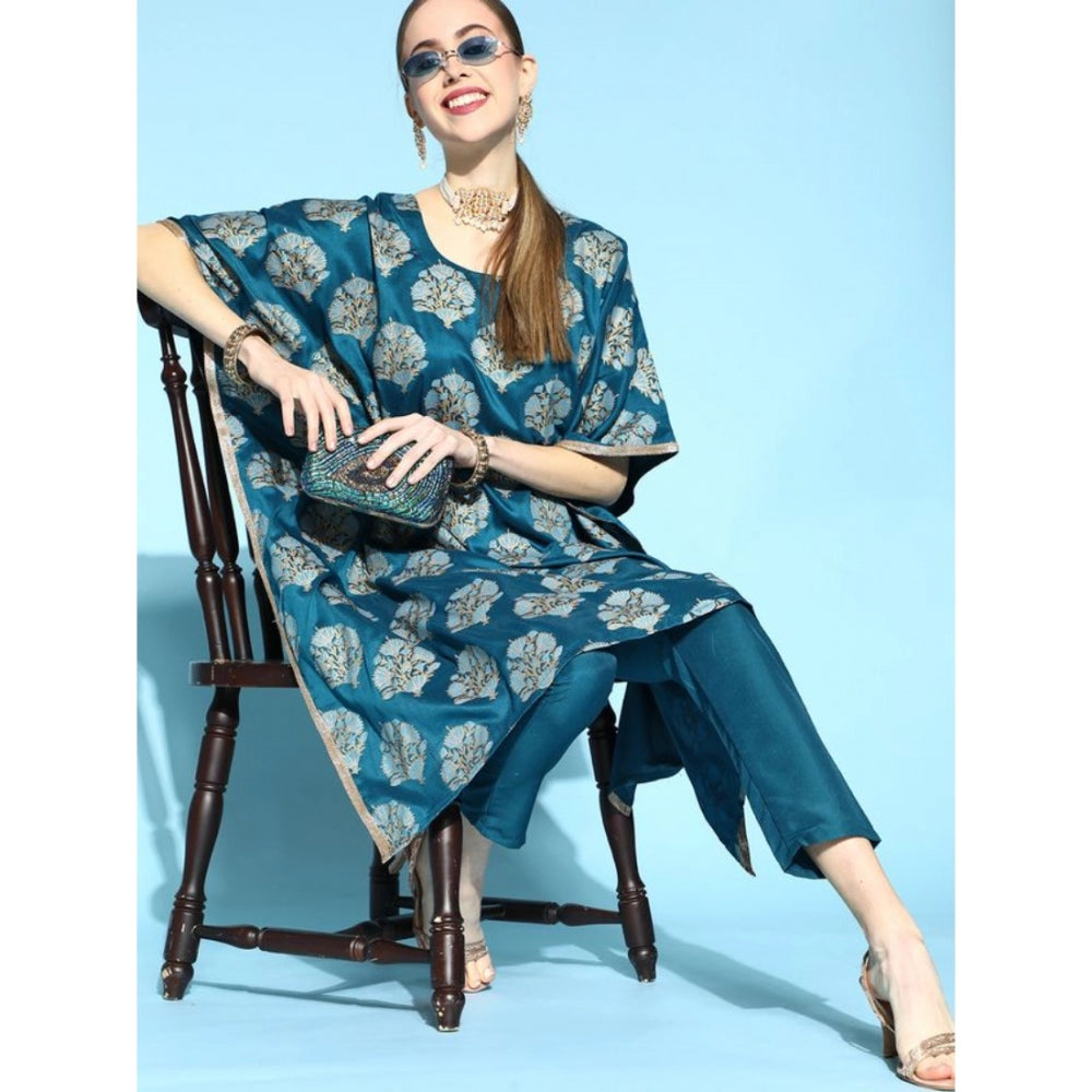 Casual 3-4Th Sleeve Floral Printed Chinon Kurti And Pant Set (Teal)