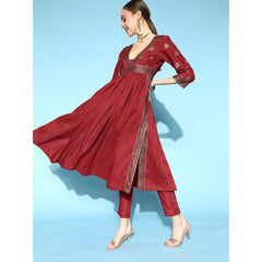 Casual 3-4Th Sleeve Floral Printed Chinon Kurti And Pant Set (Maroon)