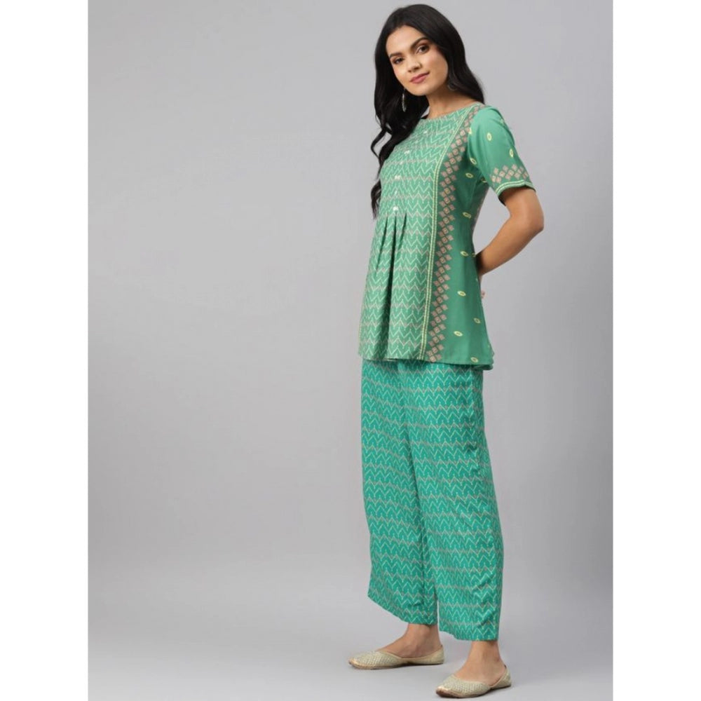 Casual Half Sleeve Geometric Rayon Kurti And Palazzo Set (Green)