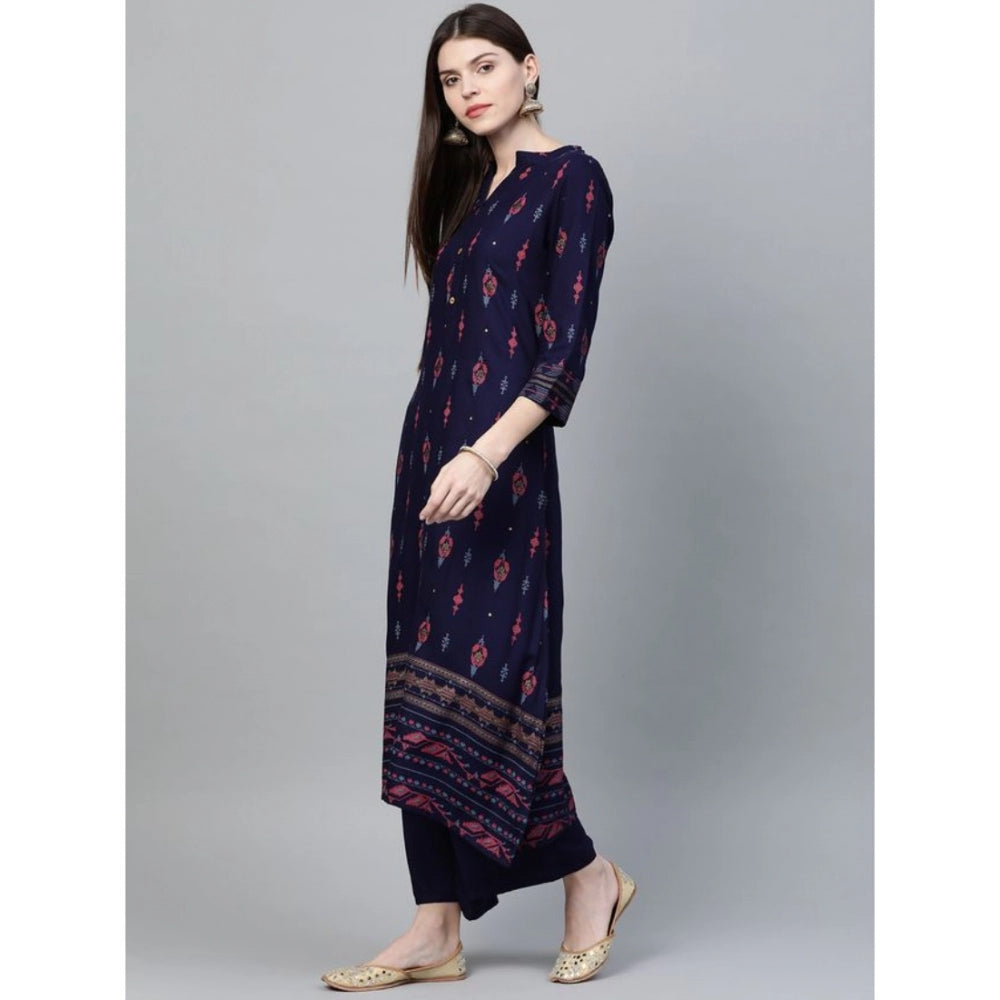 Casual 3-4Th Sleeve Ikkat Rayon Kurti and Palazzo Set (Navy Blue)