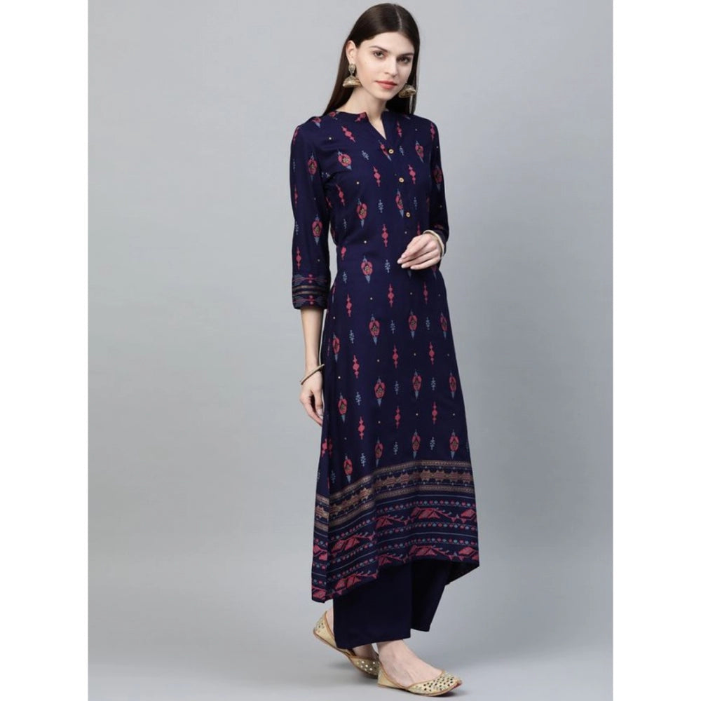 Casual 3-4Th Sleeve Ikkat Rayon Kurti and Palazzo Set (Navy Blue)