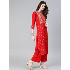 Casual 3-4Th Sleeve Floral Printed Rayon Kurti and Palazzo Set (Red)