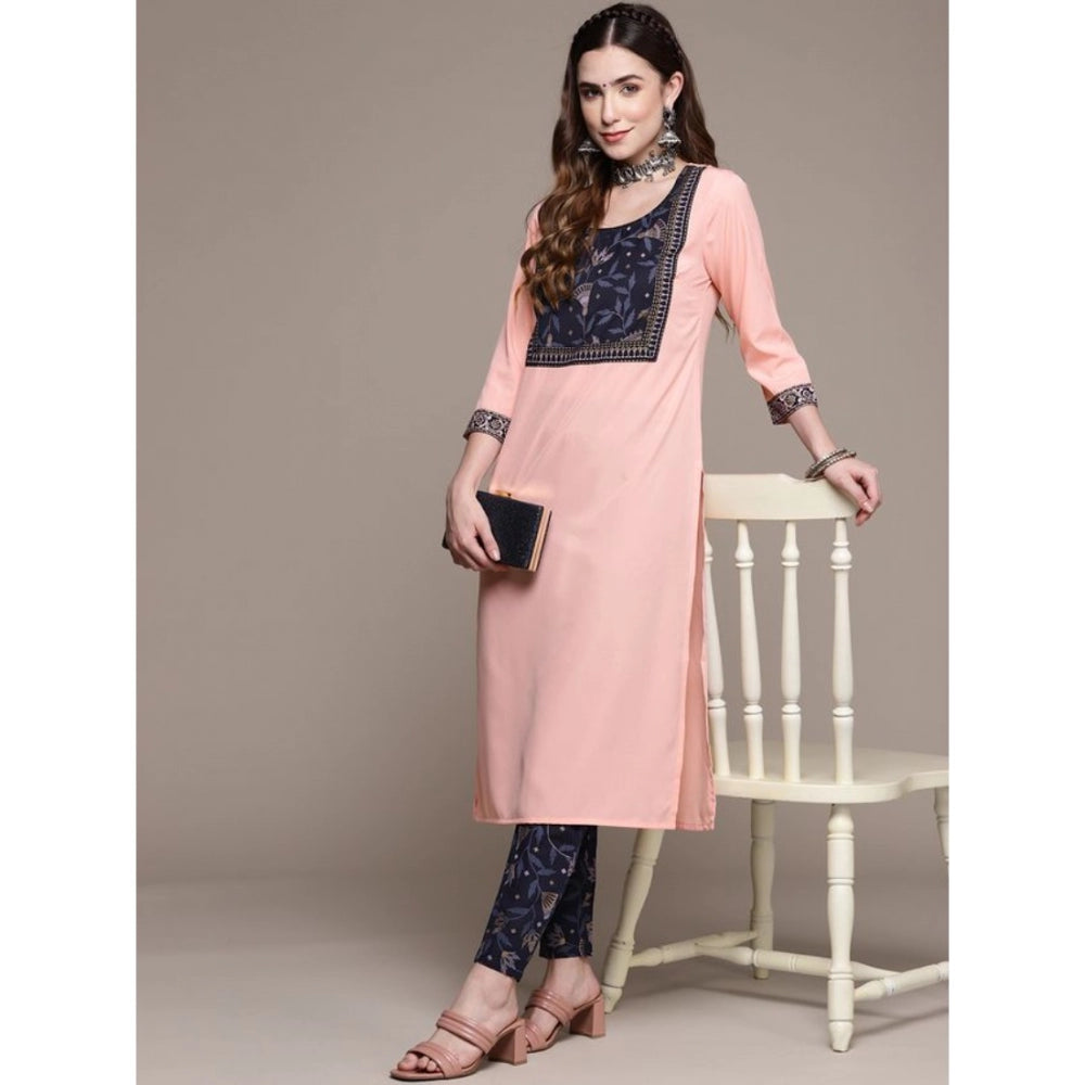 Casual 3-4Th Sleeve Floral Printed Crepe Kurti and Pant Set (Light Pink)