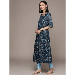 Casual 3-4Th Sleeve Floral Printed Chanderi Cotton Kurti And Pant Set (Navy Blue)