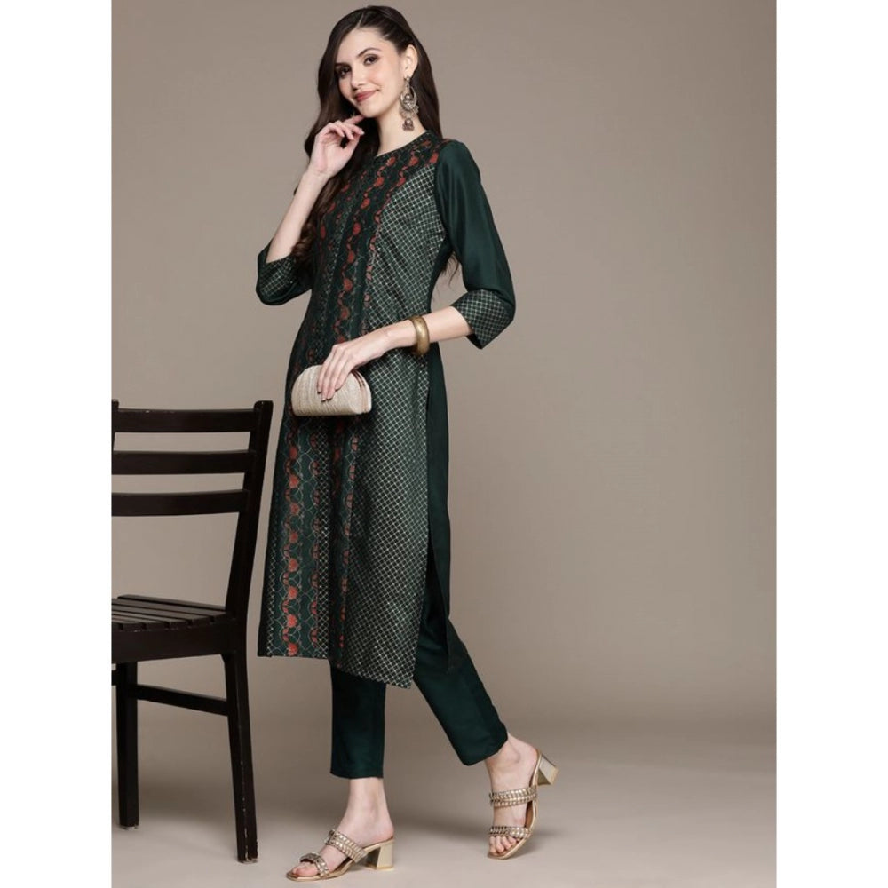 Casual 3-4Th Sleeve Traditional Crepe Kurti And Pant Set (Green)