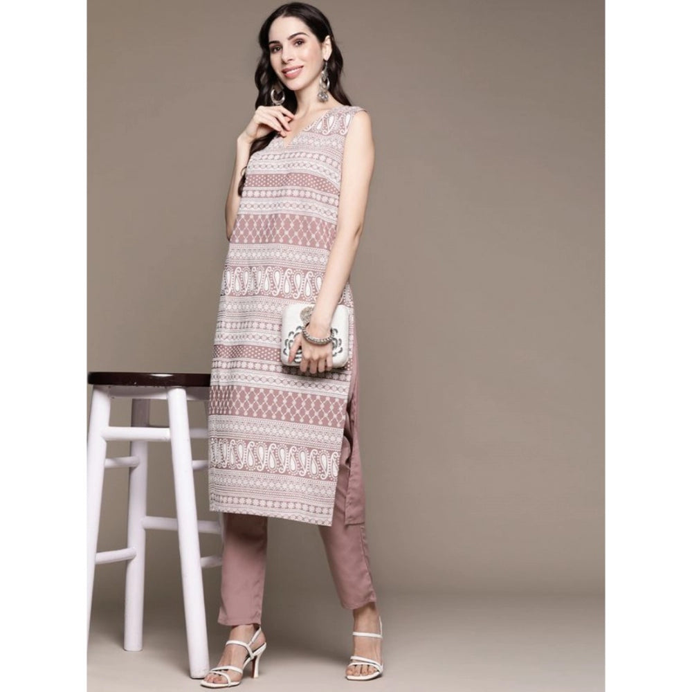 Casual Sleeveless Floral Printed Crepe Kurti And Pant Set (Light Wine)