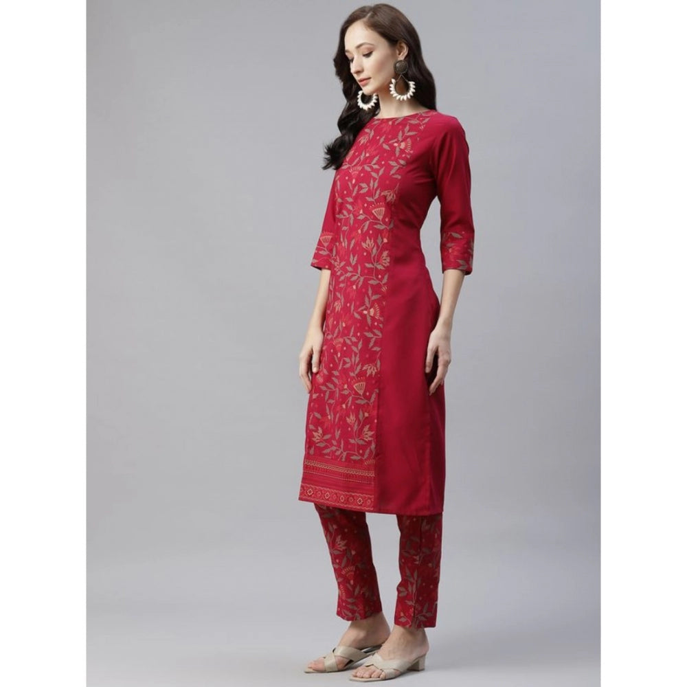 Casual 3-4Th Sleeve Floral Printed Crepe Kurti And Pant Set (Maroon)