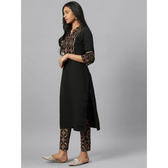 Casual 3-4Th Sleeve Geometric Crepe Kurti and Pant Set (Black)