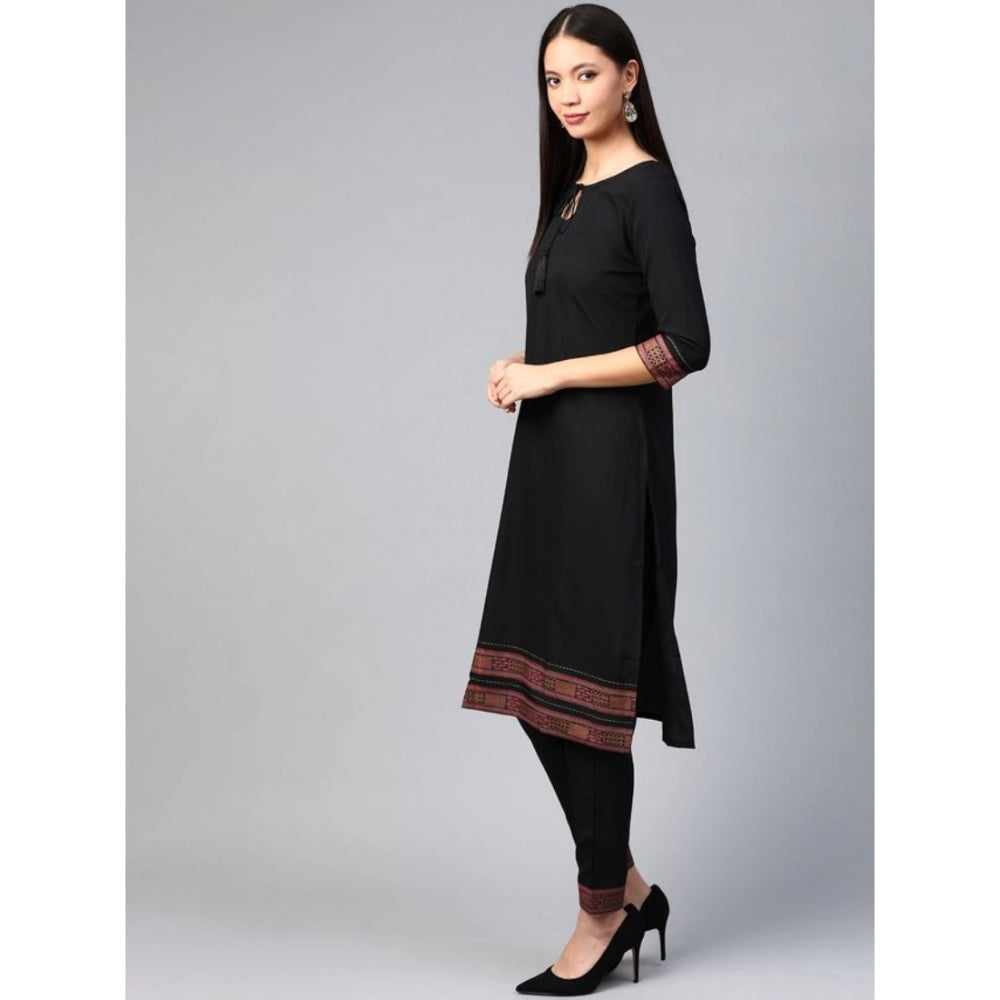 Casual 3-4Th Sleeve Solid Crepe Kurti and Pant Set (Black)