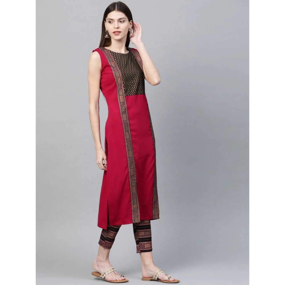 Casual Sleeveless Foil Printed Crepe Kurti and Pant Set (Pink)