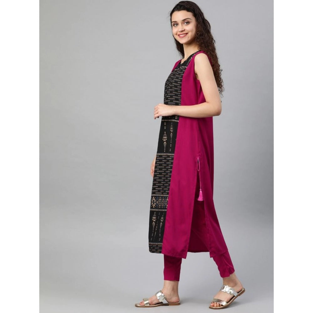 Casual sleeveless Tribal Crepe Kurti and Pant Set (Pink)