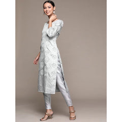 Casual 3-4Th Sleeve Floral Printed Poly Silk Kurti and Pant Set (Light Grey)