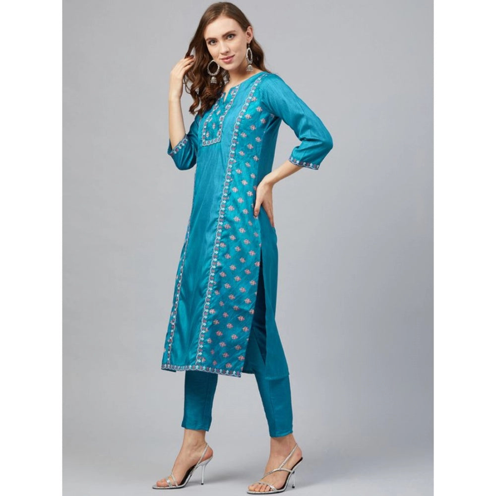 Casual 3-4Th Sleeve Floral Printed Poly Silk Kurti and Pant Set (Blue)