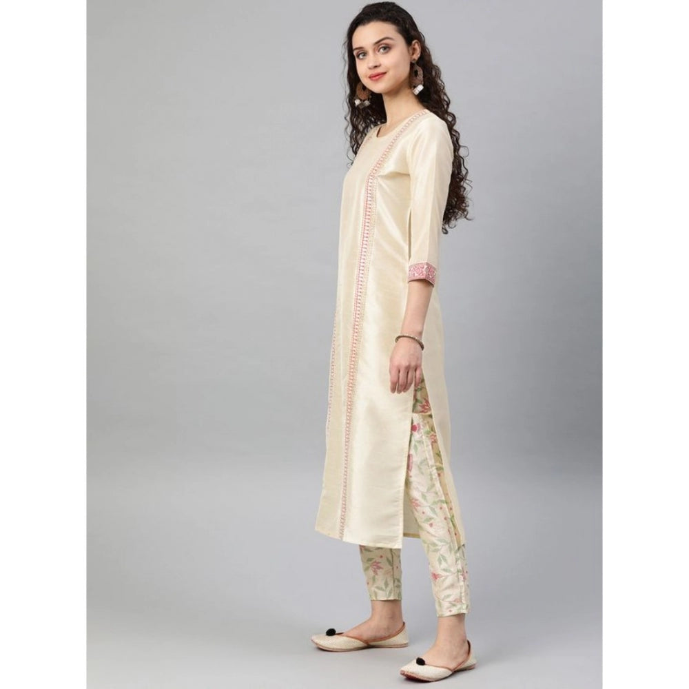 Casual 3-4Th Sleeve Geometric Poly Silk Kurti and Pant Set (Cream)