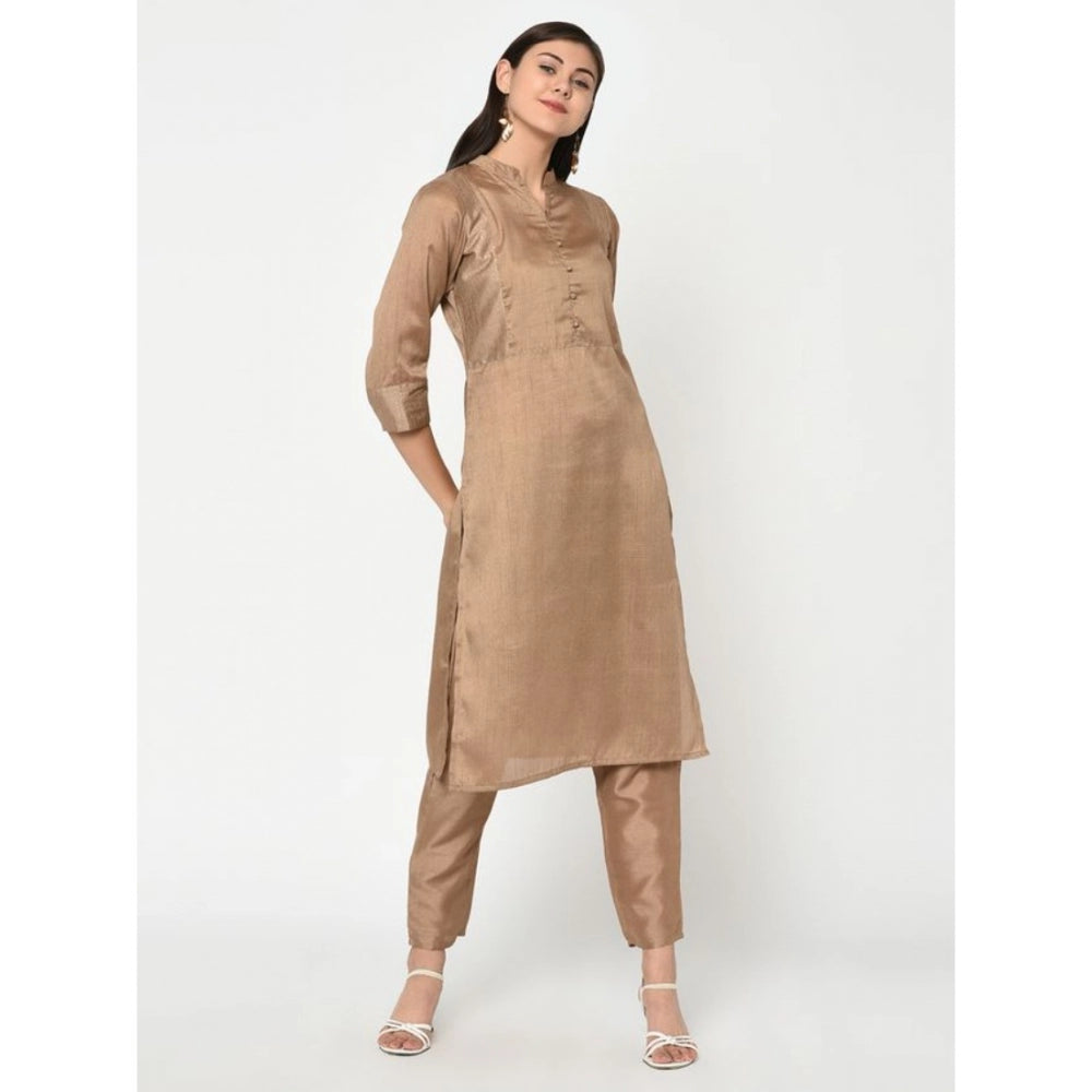 Casual 3-4Th Sleeve Solid Poly Silk Kurti and Pant Set (Brown)