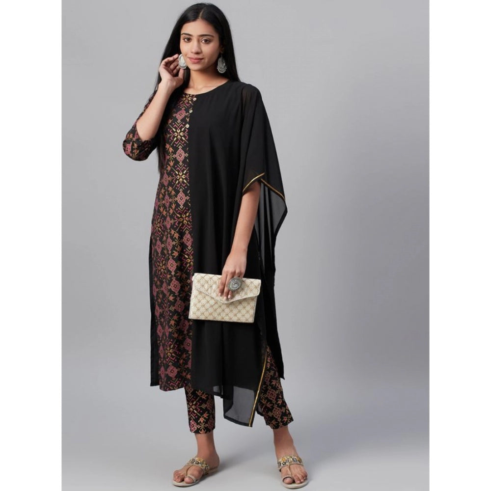 Casual Half Sleeve Ethnic Motifs Georgette &amp; Crepe Kurti and Pant Set (Black)